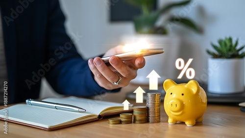 Financial Growth Concept – Smartphone, Piggy Bank, Coins, and Upward Arrows Symbolizing Savings and Investment