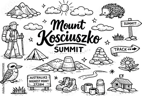Iconic Mount Kosciuszko summit hand drawn doodle elements set, center hand-lettered title, black & white vector line art, bold