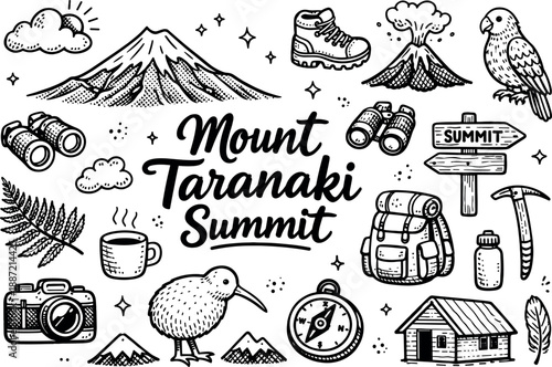 Iconic Mount Taranaki summit hand drawn doodle elements set, center hand-lettered title, black & white vector line art, bold