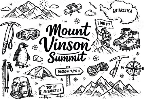 Iconic Mount Vinson summit hand drawn doodle elements set, center hand-lettered title, black & white vector line art, bold clean