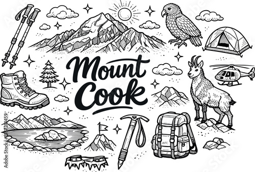 Iconic Mount Cook summit hand drawn doodle elements set, center hand-lettered title, black & white vector line art, bold clean