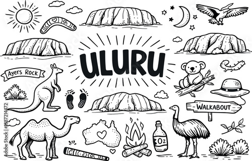 Uluru Doodle Art. Iconic Uluru sandstone formation hand drawn doodle elements set, center hand-lettered title, black & white