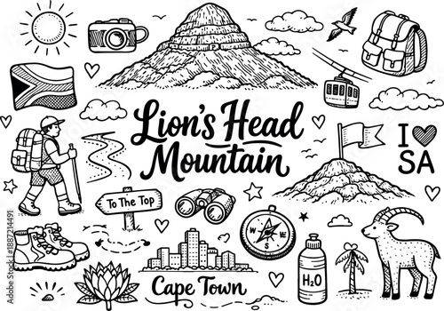 Iconic Lion’s Head Mountain summit hand drawn doodle elements set, center hand-lettered title, black & white vector line art,