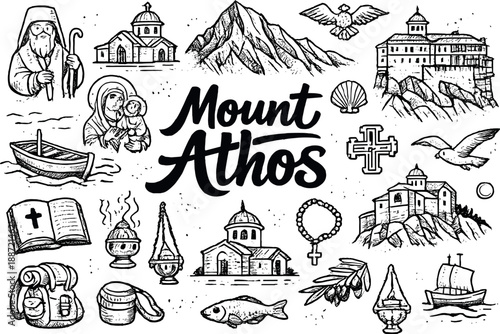 Mount Athos Doodle Art. Iconic Mount Athos summit hand drawn doodle elements set, center hand-lettered title, black & white vector