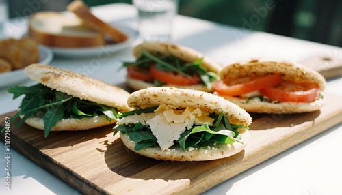 Fresh Pita Sandwiches – Rustic Wooden Board with Lettuce, Tomatoes, Sauce, and Herb Garnish