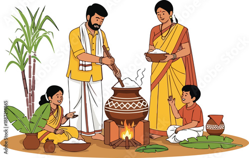 Illustration of an Indian family cooking together outdoors with traditional clothing and pottery, conveying a sense of cultural tradition and togetherness.