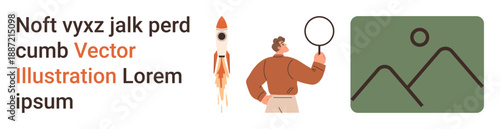 Scientific discovery, innovation research, space exploration, nature appreciation, analytics, and education. Features a rocket, man with magnifier and nature graphic. Innovation and scientific