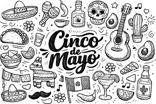 Cinco de Mayo cultural celebration hand drawn doodle elements set, center hand-lettered title, black & white vector line art,