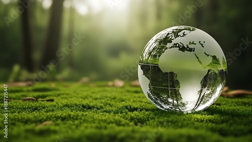 A crystal globe on grass with a forest background