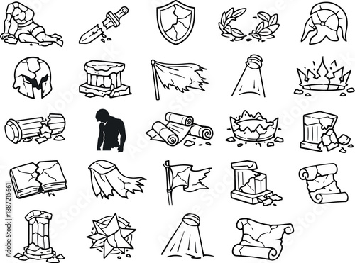 Line style icons of hero myth collapse: shattered statue, broken sword, cracked shield, torn laurel, fractured helmet, broken