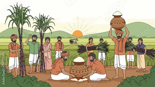 Illustration of a group of people working together in a rural setting with palm trees and a sunset background, conveying a sense of community and agriculture.