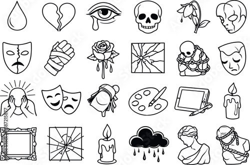 Line style icons of pain as aesthetic: teardrop, broken heart, crying eye, skull, wilted flower, cracked mask, bandaged hand,