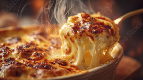 Gourmet Baked Macaroni and Cheese Casserole with Golden Brown Bubbly Crust and Melting Toasted Mozzarella Cheese Pull Served Hot in Ceramic Dish with Steam for Comfort Food Restaurant Dining Concept