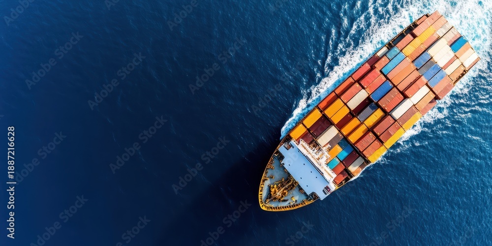 Fototapeta premium Impressive aerial view of a vibrant container cargo ship navigating the ocean