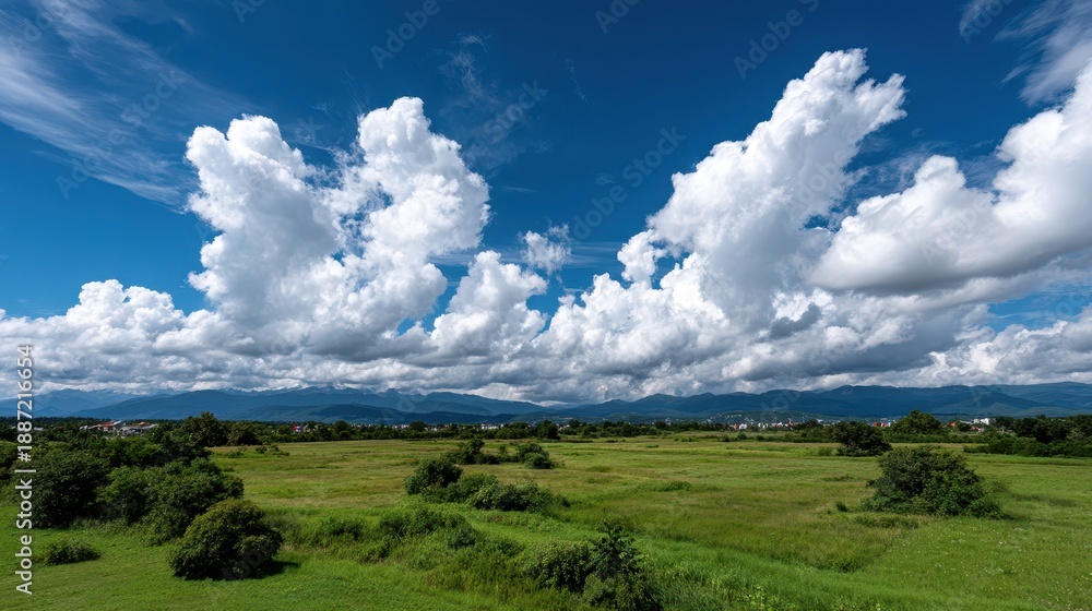 Obraz premium Majestic panorama of clear sky with gentle clouds over vibrant green fields
