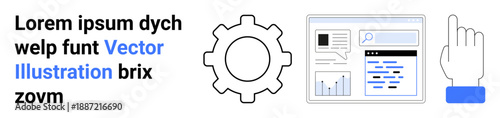 Web development, digital tools, UX design, data analytics, technology interaction, software functionality. Gear, analytics page and cursor graphic. Web development and digital tools concept