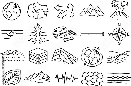 Line style icons of Earth's shifting continents: Earth globe, tectonic plates, arrows indicating movement, mountain range,