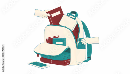 Packing a backpack for school or travel. Hands placing books and water bottle into bag. Flat design vector illustration