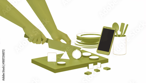 Cooking and meal preparation with smartphone. Hands chopping vegetables on cutting board. Flat design vector illustration