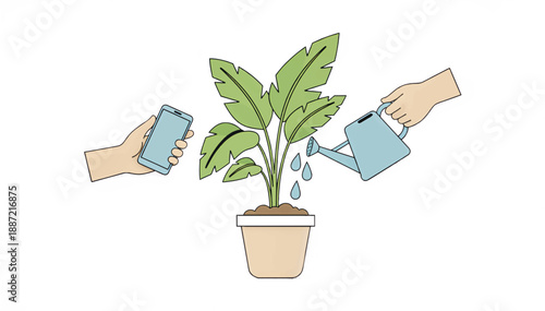 Indoor gardening and plant care app concept. Hands with watering can and mobile phone. Flat design vector illustration