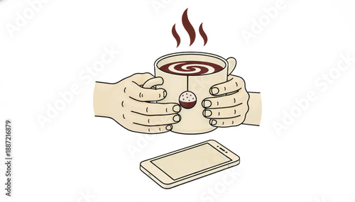 Hands holding hot tea mug with smartphone. Hand drawn vector illustration of cozy home ritual and relaxation