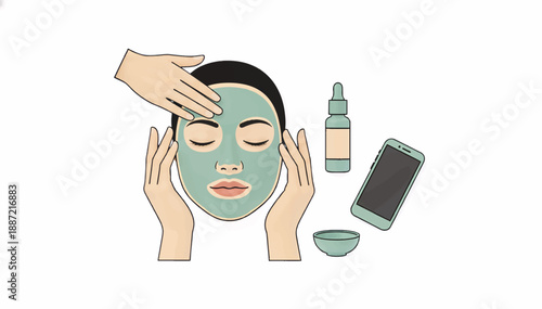 Woman applying green face mask during skincare routine. Beauty products and smartphone. Hand drawn vector illustration