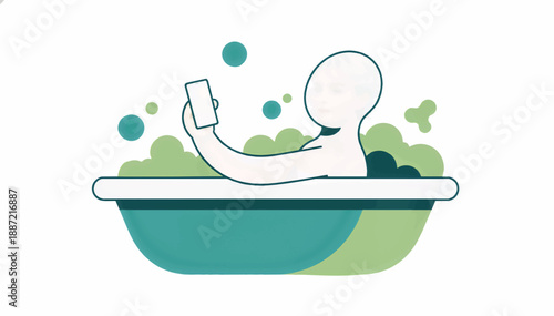 Person relaxing in bathtub with smartphone. Flat design vector illustration of home leisure. Minimalist character taking a bath and using mobile technology
