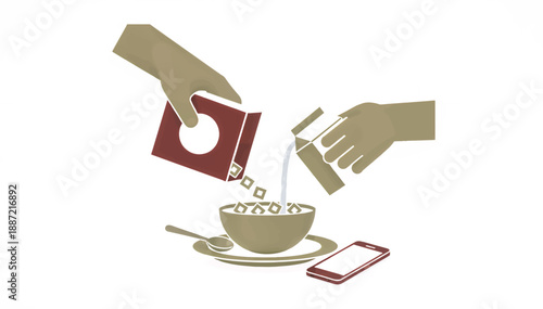 Hands pouring cereal and milk into a bowl. Breakfast preparation with smartphone vector illustration. Flat design morning routine concept