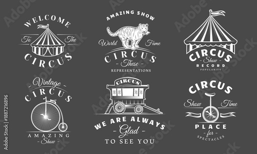Circus logo set features striped tents, trained tiger, circus wagon, retro bicycle and unicycle isolated on black. Vintage carnival branding or festival decoration. Vector illustration