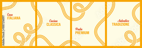 Set of Italian pasta pattern with flowing noodle curves and abstract food shapes creates modern kitchen design for restaurant menu backgrounds and culinary poster layouts. Vector illustration