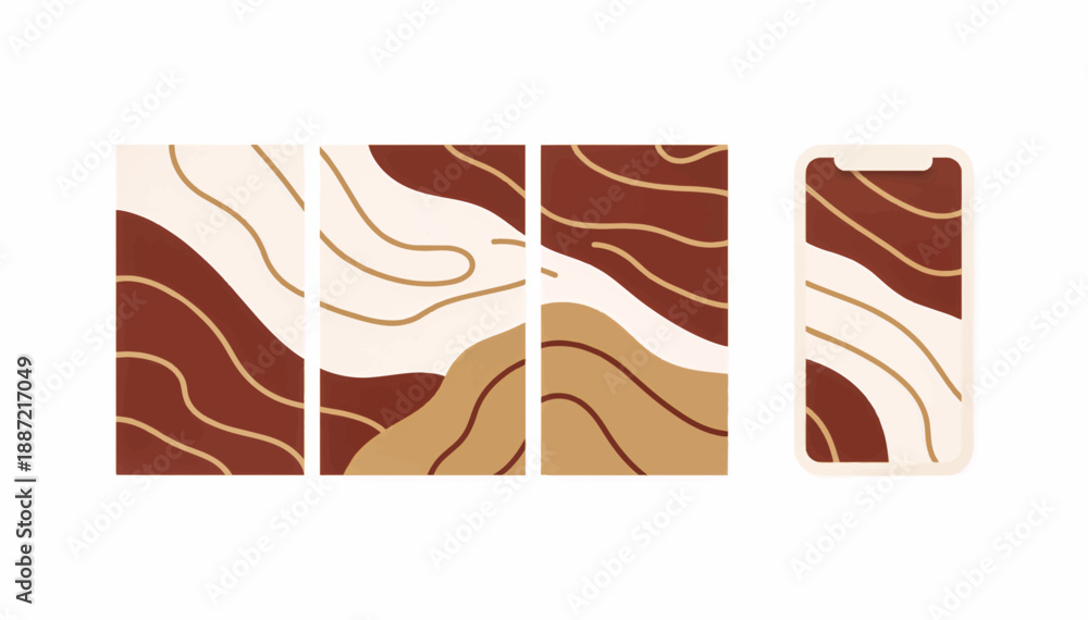 Obraz premium Minimalist abstract wood grain vector illustration. Vertical background templates for social media stories and mobile wallpapers. Earthy tone flat design graphics isolated on white background