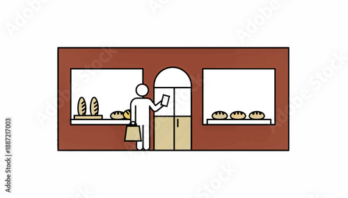 Local small business bakery vector illustration. Minimalist flat design of a person shopping for bread. Line art graphic of a storefront with display windows isolated on white background
