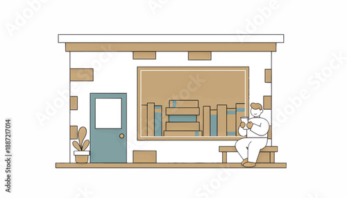 Local small business bookstore vector illustration. Soft minimalist flat design of a library building with a person reading on a bench. Education and literature concept
