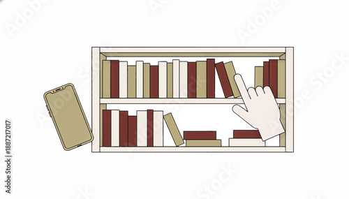 Bookstore bookshelf with books and smartphone. Soft minimalist vector illustration. Hand selecting a book from a shelf. Local small business and digital reading concept