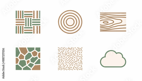 Minimalist ASMR surfaces and tactile texture icon set. Flat design vector illustration of wood grain, stone mosaic, and woven patterns. Earthy tone graphic elements isolated on white