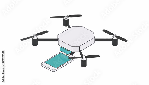 Isometric drone carrying a smartphone vector illustration. Minimalist flat design quadcopter with mobile phone. Technology and delivery concept isolated on white background
