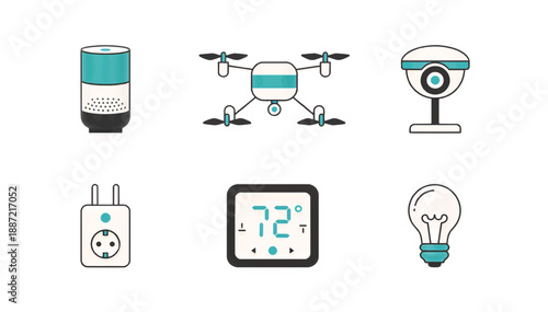 Smart home technology icon set. Minimalist flat design vector illustration of IoT devices. Voice assistant, drone, security camera, smart plug, thermostat, and light bulb symbols