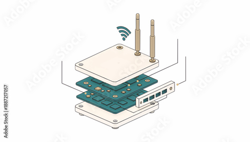 Router exploded view isometric vector illustration. Hardware assembly diagram with circuit boards and antennas. Minimalist tech specification graphic isolated on white