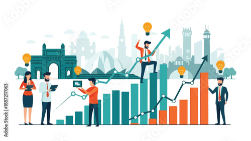 Illustration of business professionals analyzing bar graphs and charts with cityscape background in a flat, colorful style conveying growth and productivity.