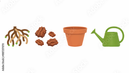 Plant care elements for repotting a houseplant. Vector illustration set with roots, bark, a pot, and a watering can. Textured gardening icons isolated on white