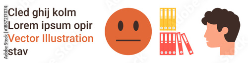 Workload, communication, neutral emotions, document management, organizational tasks, business . A neutral face alongside stacked documents and a profile view of a person. Workload and communication