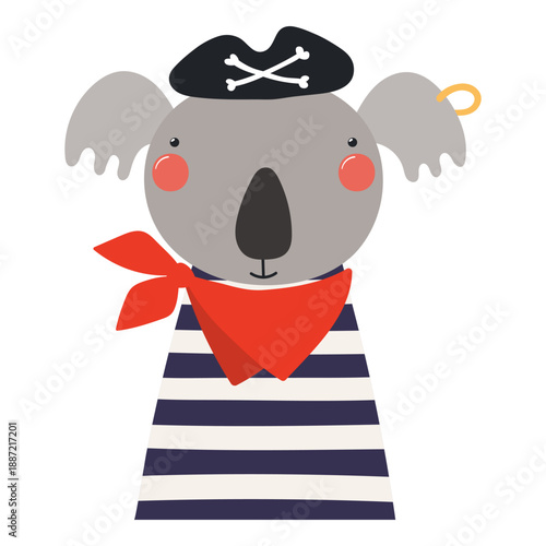 Cute little koala pirate isolated on transparent. Kawaii cartoon character. Hand drawn flat vector illustration. Kids nautical design element, clip art, fashion print, poster, wall art