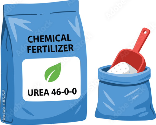 Chemical fertilizer urea 46-0-0 bag illustration with scoop, agricultural fertilizer concept, farming and crop nutrition vector design isolated on white background