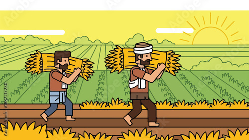 Illustration of two men carrying bundles of wheat in a green field with a sunny yellow sky.