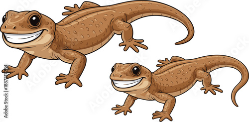Cute smiling lizard cartoon illustration set, friendly gecko reptile character design, wildlife animal vector isolated on white background for kids and education