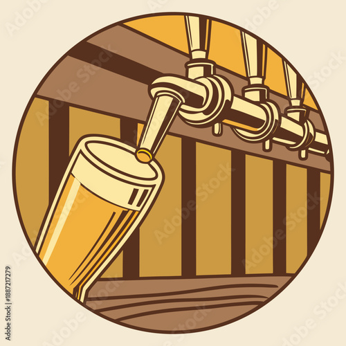 Beer being poured from tap into glass at a wooden bar background vector illustration