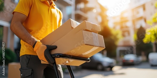 Professional delivery man transports packages on a sunny day