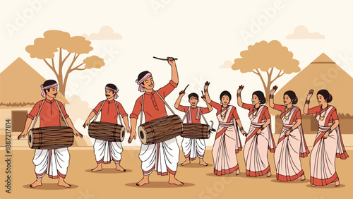 Traditional Indian dancers performing with musical instruments in a rural setting with thatched huts and trees in the background.