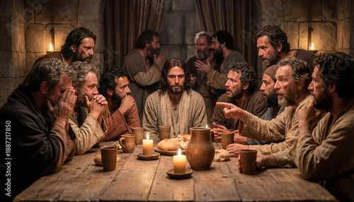 Jesus Christ and twelve apostles sharing Last Supper meal in biblical scene. Holy communion with bread and wine during sacred religious event. Famous Christian history moment for faith spirituality