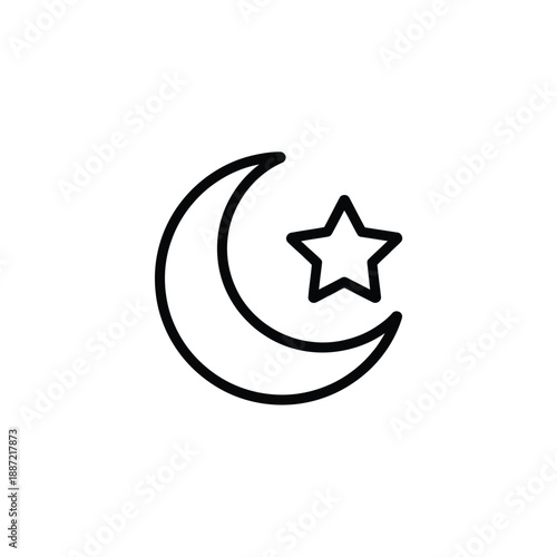 Black and white line of a crescent moon with a star